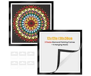 MXJSUA Paquete de 2 marcos de pintura de diamantes para lienzo de pintura de diamantes de 30 x 30 cm, marcos de pintura de diamantes magnéticos autoadhesivos con ganchos para pintura de diamantes, pantalla de pared, color negro