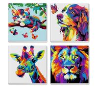 MXJSUA Paquete De 4 Kits De Pintura Por Números Animales Lindos Para Niños Con Marco Para Edades 6-12, Patrón De Gato Perro Jirafa León Pinturas Al Óleo Acrílicas Para Decoración Del Hogar 20x20cm