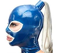 MXRYSQY Azul Látex Cabeza Cubrir Viene con Una Peluca Rubia de Cola de Caballo Con Cremallera Trasera para Cosplay Fiesta Club(Size:XL)