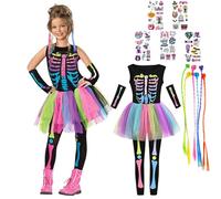 MxsFrundel 15 Pieza Disfraz Halloween Niña Esqueleto,(Disponible en Tres Tamaños,Altura 102-152 cm) Esqueleto Color Disfraz Halloween Niños(S:Altura 102-115 cm,4-6 Años)