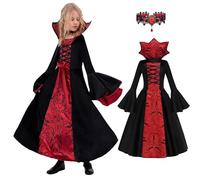 MxsFrundel 5 piezas Disfraz Halloween Niña Vampiresa(3 Tamaños, Altura 110-145cm) Conjunto lujo Disfraz Vampira Niña,Mprescindible Halloween (Talla M: Altura 120-130 cm, 8-10 Años)
