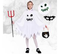MxsFrundel 9 Pieza Fantasma Luminoso(Tres Tamaños,Altura 120-150 cm),Disfraz Halloween Fantasma Niño,Capa Fantasma Niño Patrón Cara Sonriente (Talla L:Altura 130-140 cm de altura, 10-12 años)