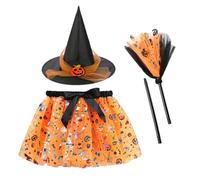 Mxshc Traje De Bruja Para Niñas | Conjuntos Divertidos Para Disfrazarse - Vestido Transpirable con Sombrero de Escoba para Edades 2-8 Años Fiestas de Halloween Casas Encantadas