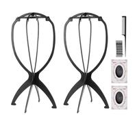 MXTIMWAN 2 Piezas Portarpelucas,Soportes para pelucas,PortáTil PláStico Soporte De Peluca, pelucas cortas exhibición Con 2 redes para pelucas, peine y clips,desmontable y plegable (negro)