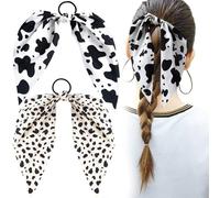Mxxipp 2 bandas de pelo con estampado de vaca para mujer, antideslizantes, con orejas de conejo, lazo, elástico, soporte para cola de caballo, accesorios para cabello rizado, liso, fino y grueso