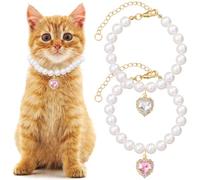 Mxxipp 2 collares de perlas para gatos y perros, collar de diamantes de imitación en forma de corazón pequeño, ajustable, accesorios de joyería para mascotas, para cachorros, gatos pequeños, blanco y