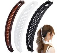 Mxxipp 3 pinzas de plátano francés, antideslizantes, clásicas, grandes, con forma de pez, soporte para el pelo para mujer, rizado, liso, largo, grueso, fino, blanco, negro y café