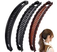 Mxxipp 3 pinzas de plátano francés, antideslizantes, clásicas, grandes, con forma de pez, soporte para el pelo para mujer, rizado, liso, largo, grueso, fino, negro y café