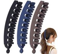 Mxxipp 3 pinzas de plátano francés, antideslizantes, clásicas, grandes, con forma de pez, soporte para el pelo para mujer, rizado, liso, largo, grueso, fino, azul oscuro, café oscuro y negro