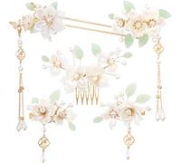 Mxxipp 5 horquillas de pelo con borlas de flores de camelia, horquillas chinas vintage, accesorios para el cabello recogido de perlas para cabello fino, grueso, largo y corto, color blanco