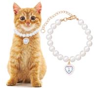 Mxxipp Collar de perlas de gato con colgante de corazón, bonito collar de perlas para mascotas en tamaño mediano, ajustable, accesorios de joyería para cachorros y gatitos, color blanco