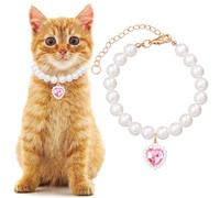 Mxxipp Collar de perlas de gato con colgante de corazón, bonito collar de perlas para mascotas en tamaño mediano, ajustable, accesorios de joyería para cachorros y gatitos, color rosa