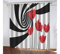 MXYHDZ Cortinas Opacas de Salon - Líneas blancas y negras flores rojas Impresión 3D, Dormitorio Aislantes Termicas con Ollaos - 220 x 215 cm para Oficina y salón, Dormitorio habitación de los niños, 2
