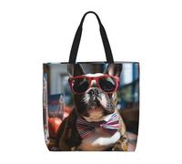 MXZERFKGLA Bolsa de compras reutilizable para mujer, con bolsillo interior, diseño de pavo real azul, Bulldog francés con gafas de sol, Talla única