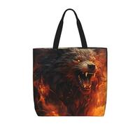 MXZERFKGLA Bolsa de compras reutilizable para mujer, con bolsillo interior, diseño de pavo real azul, Lobo salvaje en el fuego, Talla única