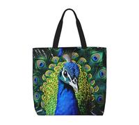 MXZERFKGLA Bolsa de compras reutilizable para mujer, con bolsillo interior, diseño de pavo real azul, Pavo real azul, Talla única