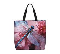 MXZERFKGLA Bolsa de compras reutilizable para mujer, diseño de flores y libélula azul, con bolsillo interior, Flor y libélula azul, Talla única