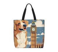 MXZERFKGLA Bolsa de compras reutilizable para mujer, diseño de leopardo, con bolsillo interior, Un perro sentado junto a un edificio y el Big Ben, Talla única