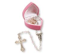 My 1st Rosary Childs Girl - Rosario pequeño de cristal rosa en caja de terciopelo rosa con forma de corazón para recién nacido, regalo de bautizo o comunión