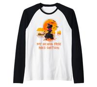 My Bichon Frise Rides Shotgun Dog and Witch Funny Halloween Camiseta Manga Raglan