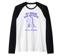 My Brain Has Hiccup Epilepsy Awareness Dino Purple Ribbon Camiseta Manga Raglan