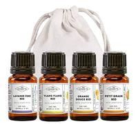 MY COSMETIK - Pack antiestrés y relajación - Lote de 4 aceites esenciales orgánicos para difundir - Lavanda fina - Petit Grain - Ylang Ylang - Naranja dulce - 4 x 5 ml + bolsita 100% algodón