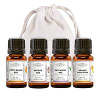 MY COSMETIK - Pack de difusión oriental - Lote de 4 aceites esenciales orgánicos para difundir - Petit Grain - Incienso - Pachulí - Naranja dulce - 4 x 5 ml + bolsita 100% algodón