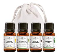 MY COSMETIK - Pack Jengibre y Cocooning - Set de 4 aceites esenciales orgánicos para difundir - Naranja dulce - Canela silvestre china - Clavo - Bergamota - 4 x 5 ml + bolsita 100% algodón