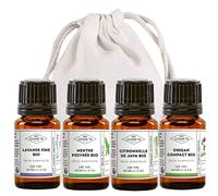 MY COSMETIK - Pack verano y viaje - Set de 4 aceites esenciales orgánicos - Lavanda fina - Menta piperita - Limoncillo de Java - Orégano compacto - 4 x 5 ml + bolsita 100% algodón
