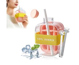 My Crush Cup, My Crush Cup Ice, 500/800ml 2 In 1 Touch-Free Ice Cube Tray Water Bottle with Lid and Bin - Easy Press to Release, Suitable for Coffee, Juice, and Beverages (Pink-500ML)