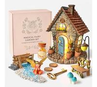 My Fairy Garden Kit - Juego de casa de hadas de 13 piezas - Casa de hadas de 7.1 pulgadas de alto con puerta abierta y luz solar, puente de hadas, piedras brillantes y accesorios en miniatura - Regalo
