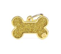 My Family Placa de Identificación personalizado para perro Made in Italy, Hueso Grande de Purpurina, Oro, Placa de identificación de Perro Grabada Gratis, Metal, Colección Shine, 38x24 mm