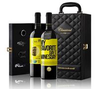 «My favorite day is winesday!» Mensaje en una Botella. Estuche-Maletín de LUJO 2x Vino Tinto Premium Reserva 12 Meses y Set de 4 Accesorios. Etiqueta Amarilla PERSONALIZABLE