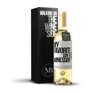 «My favorite day is winesday!» Mensaje en una Botella. Vino Blanco Premium Verdejo Joven + Gift Box. Etiqueta Blanca PERSONALIZABLE