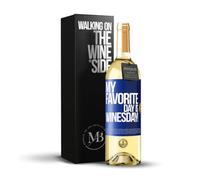 «My favorite day is winesday!» Mensaje en una Botella. Vino Blanco Premium Verdejo Joven + Gift Box. Etiqueta Azul PERSONALIZABLE