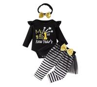My First Years Infant Baby Girl Outfit Baby Years Outfit Long Sleeve Romper Pants Set with Bow Headband (Black, 3-6 Months)