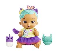 Mattel Muñeca My Garden Baby Gatito que hace pipí, orejas moradas, con pañal y biberón