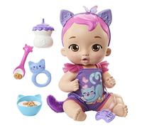 My Garden Baby Gatito Come y se acurruca Orejas moradas Muñeca bebé de juguete con sonidos, ojos se abren y cierran, incluye +5 accesorios, regalo +18 meses (Mattel HHP28)
