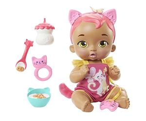 My Garden Baby Gatito Come y se acurruca Orejas rosas Muñeca bebé de juguete con sonidos, ojos se abren y cierran, incluye +5 accesorios, regalo +18 meses (Mattel HHP29)