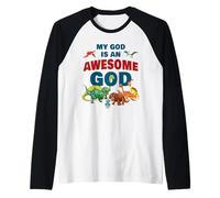 My God is an Awesome God - Christian Faith Kids Dinosaur Camiseta Manga Raglan