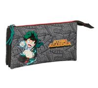 MY HERO ACADEMIA - Portatodo Triple, Estuche Infantil, Estuche Niño, Ideal para Niños en Edad Escolar, Cómodo y Versátil, Calidad y Resistencia, 22x3x12 cm, Color Negro