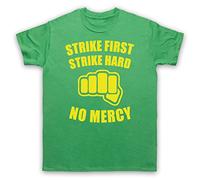 My Icon Art and Clothing Karate Motto Strike First Strike Hard No Mercy Cobra Bad Guys - Camiseta retro para hombre, verde, M