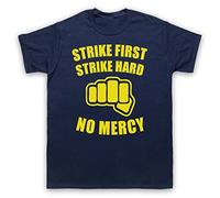 My Icon Art and Clothing Karate Motto Strike First Strike Hard No Mercy Cobra Bad Guys - Camiseta retro para hombre, azul marino, 4XL