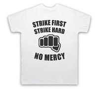 My Icon Art and Clothing Karate Motto Strike First Strike Hard No Mercy Cobra Bad Guys - Camiseta retro para hombre, blanco, M