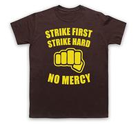 My Icon Art and Clothing Karate Motto Strike First Strike Hard No Mercy Cobra Bad Guys - Camiseta retro para hombre, marrón, L