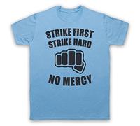 My Icon Art and Clothing Karate Motto Strike First Strike Hard No Mercy Cobra Bad Guys - Camiseta retro para hombre, azul celeste, XL