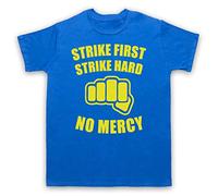 My Icon Art and Clothing Karate Motto Strike First Strike Hard No Mercy Cobra Bad Guys - Camiseta retro para hombre, azul real, S