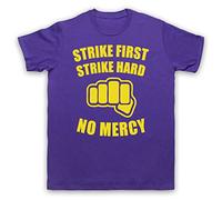 My Icon Art and Clothing Karate Motto Strike First Strike Hard No Mercy Cobra Bad Guys - Camiseta retro para hombre, Morado (, XXL