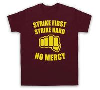 My Icon Art and Clothing Karate Motto Strike First Strike Hard No Mercy Cobra Bad Guys - Camiseta retro para hombre, rojo (Maroon), XXL