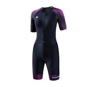 MY KILOMETRE Traje de Triatlón para Mujer Manga Corta - Trisuit con Cremallera Completa y 2 Bolsillos Traseros Reflectantes Secado Rápido UPF50+ Trasero para Natación, Ciclismo y Carrera(Naranja S)